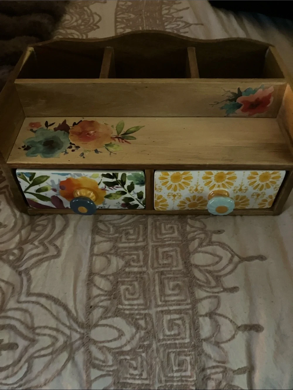 Decorative Floral Wooden Desk Organizer with Two Drawers - Yellow